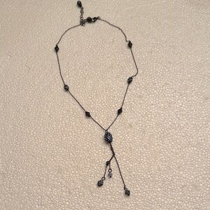 Delicate Black Lariat Necklace with Blue stones Beaded Accents